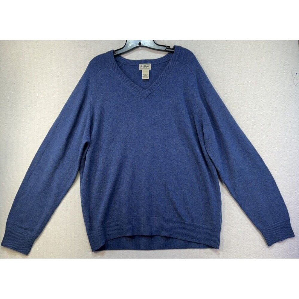 LL Bean Mens Lambs Wool Preppy Academia Sweater Size L Blue V-neck